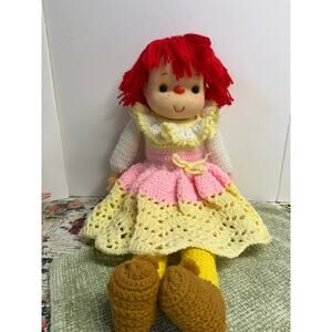 Vintage Style Handmade Crochet Doll Red Yarn Hair Plastic Face 20 Inch